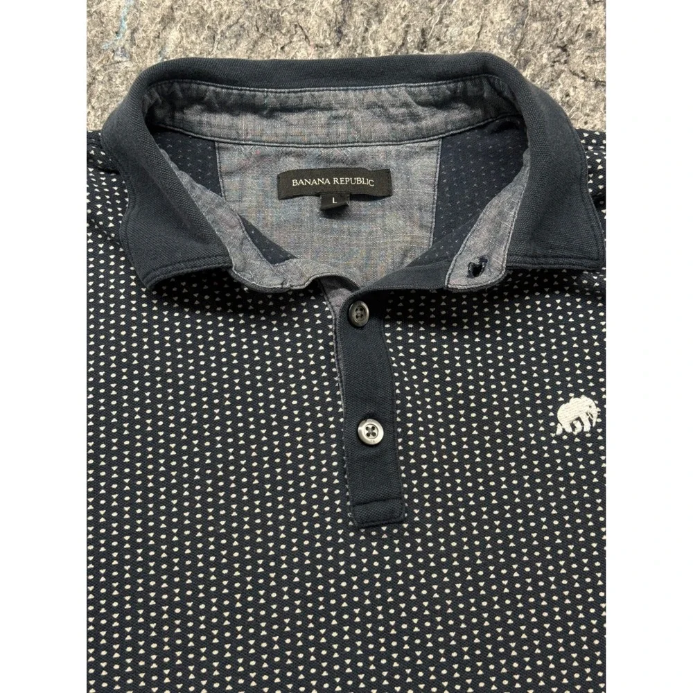 Banana Republic Mens Large Navy Blue Geometric Dot Elephant Logo Polo Shirt L